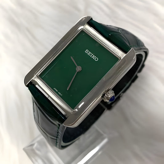 Seiko Mod Tank Lady Green Dial, montre femme rectangulaire, boîtier rectangulaire acier, cadran vert uni, bracelet cuir vert