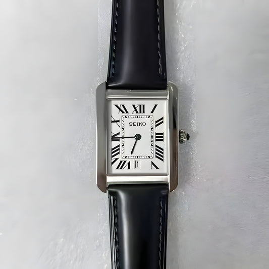 Seiko Mod Tank Lady White Dial Steel, montre femme rectangulaire, boîtier rectangulaire acier, cadran blanc à chiffres romains, bracelet cuir bleu nuit